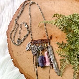 FAITH Stamp Metal Bar Multi Charm Feather Tassel Love Heart Silver Long Necklace